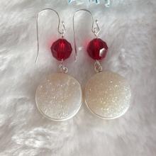 White Druzy Gemstone Earrings and Red  Crystals, Gemstone Earrings